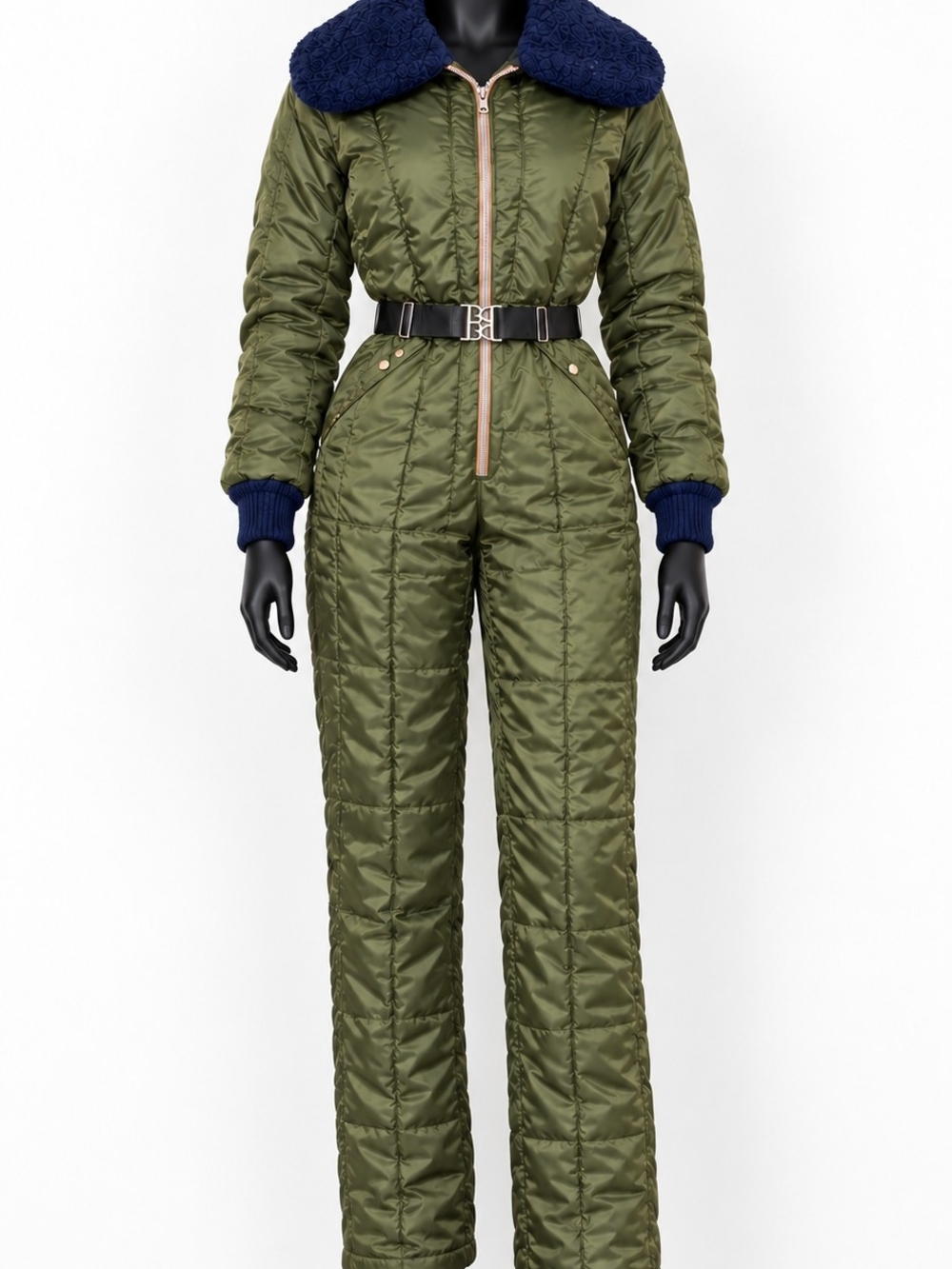 Sears Olive Green Quilted Ski Jumpsuit with Navy Collar